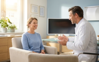 Patient consulting with doctor about stem cell therapy success rate for knees in modern clinic