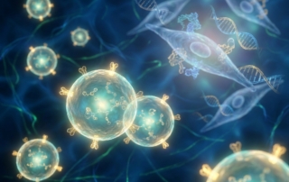 Microscopic view of glowing exosomes in cellular environment representing exosome therapy applications