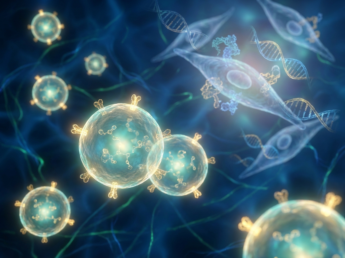 Microscopic view of glowing exosomes in cellular environment representing exosome therapy applications