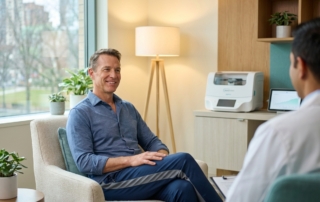 Patient consulting about plantar fasciitis stem cell treatment in modern regenerative medicine clinic