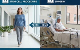 Stem cell injection recovery time comparison showing patient mobility after minimally invasive treatment versus surgery