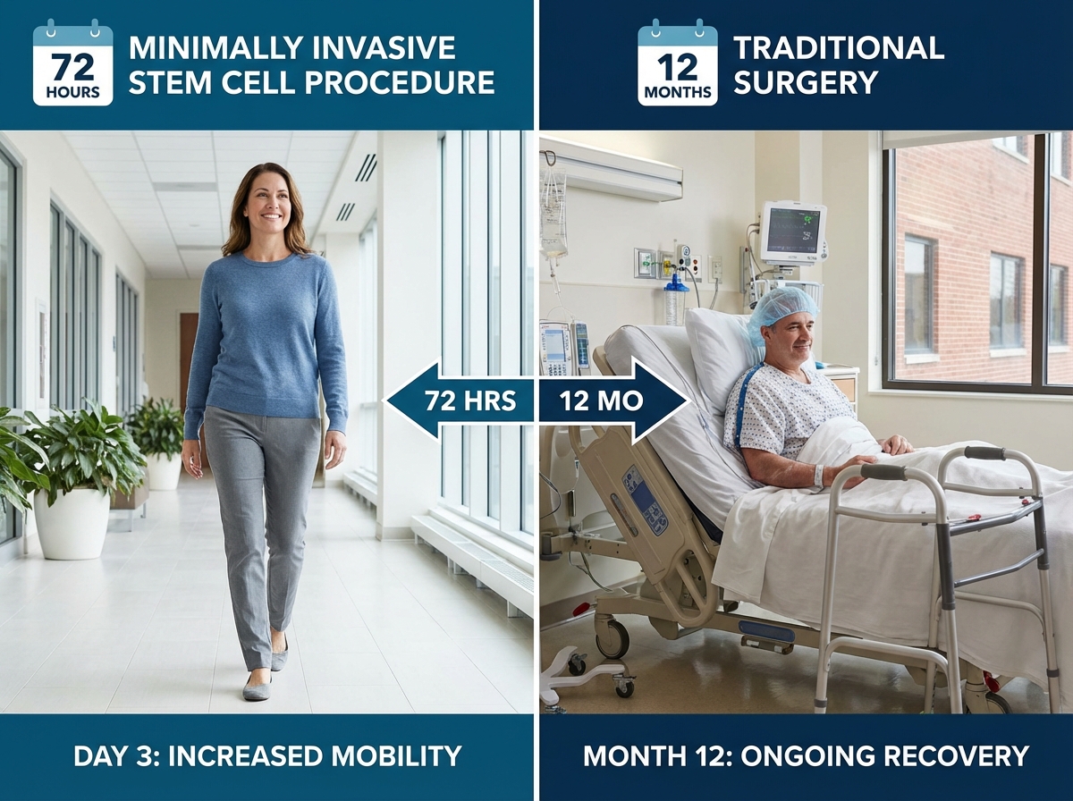 Stem cell injection recovery time comparison showing patient mobility after minimally invasive treatment versus surgery