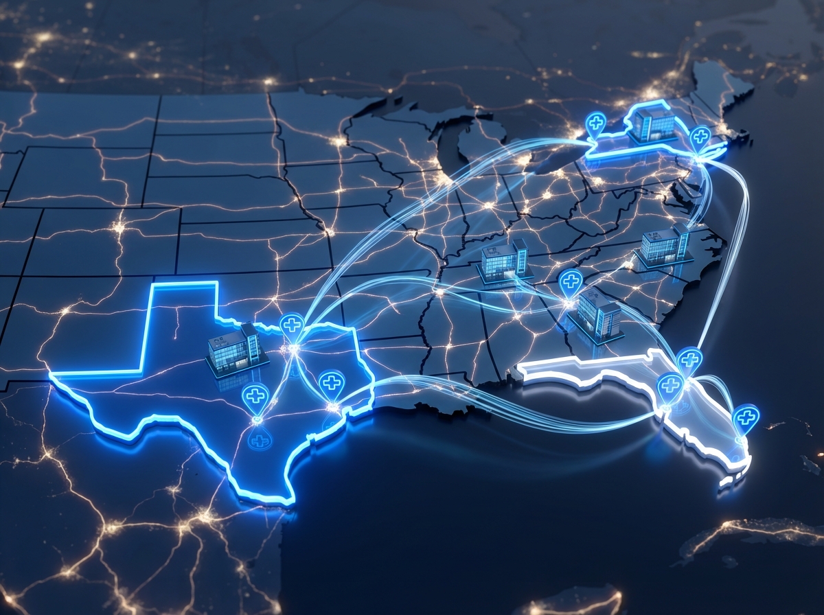 Map showing multiple location stem cell clinic network across Texas, Florida, and New York