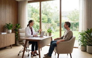 Healthcare provider consulting patient in modern clinic for same day PRP injection treatment