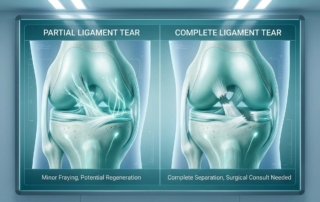 Anatomical comparison of partial versus complete ligament tear showing cellular therapy treatment potential