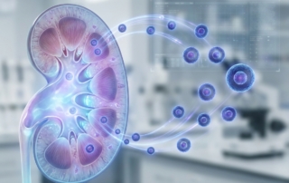 Stem cell therapy for renal failure visualization showing stem cells approaching kidney tissue