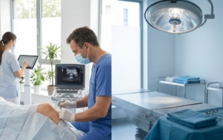 Physician performing ultrasound-guided stem cell injection compared to surgical setting showing treatment options