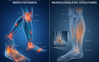 Anatomical illustration showing peripheral neuropathy nerve damage and related musculoskeletal complications