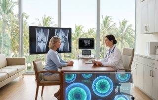 Doctor consulting patient about stem cell therapy in Boca Raton Florida medical office with advanced imaging equipment