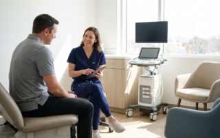 Professional consultation showing ultrasound guided PRP injection benefits in modern orthopedic clinic