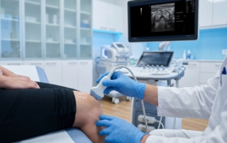 Doctor performing ultrasound-guided non surgical knee treatment options examination on patient
