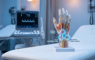 Anatomical wrist model showing carpal tunnel, TFCC, and arthritis zones for regenerative treatment planning