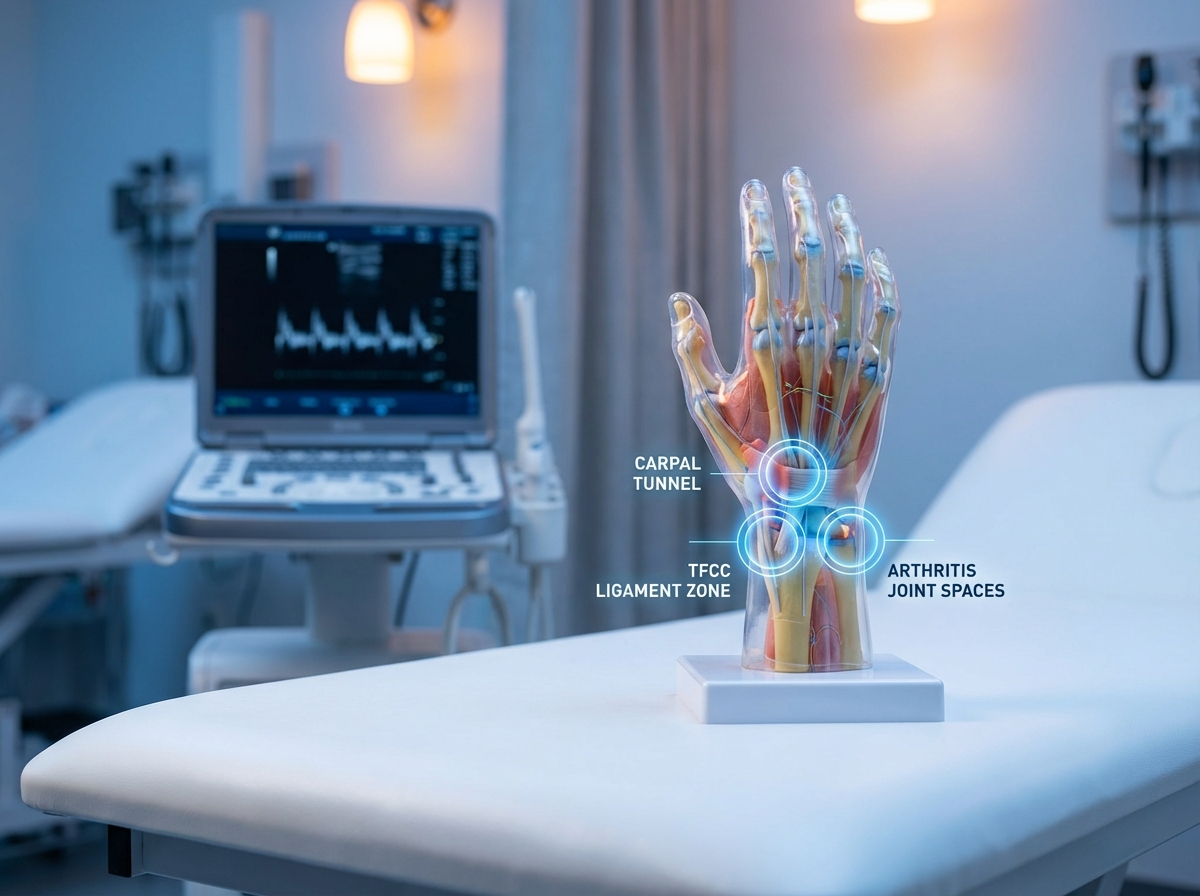 Anatomical wrist model showing carpal tunnel, TFCC, and arthritis zones for regenerative treatment planning