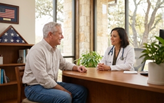 Military retiree consulting with physician about stem cell therapy San Antonio Texas treatment options