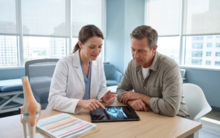 Doctor consulting with patient about knee replacement surgery options in modern medical office