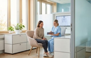 Modern outpatient facility consultation room showing comfortable bone marrow stem cell harvest procedure setting