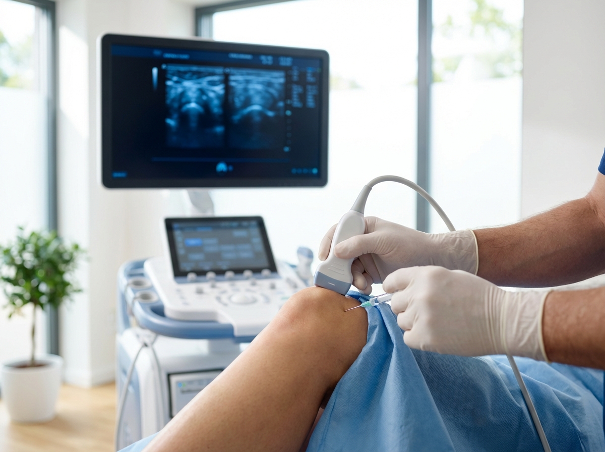 Ultrasound-guided knee injection showing alternatives to knee replacement surgery in modern clinic