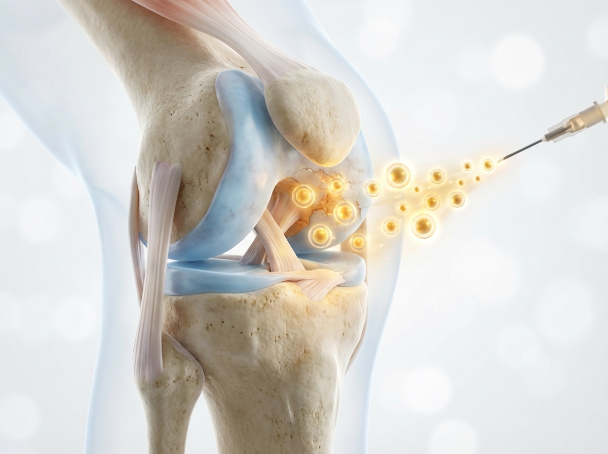 Detailed knee joint illustration with glowing stem cells for stem cell therapy for joint pain treatment