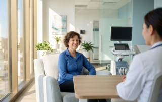 Patient consulting about regenerative medicine for rotator cuff tear in modern medical facility