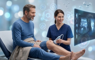 Medical professional examining patient's knee for non-surgical treatment for osteoarthritis using advanced technology