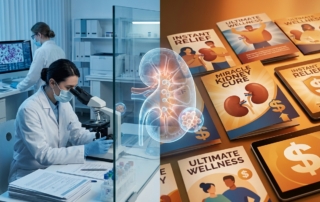 Split view contrasting clinical kidney failure stem cell therapy research with aggressive marketing claims