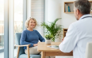 Patient in modern medical office considering stem cell therapy treatment timeline and results