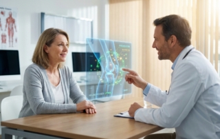 Doctor discussing alternatives to knee replacement surgery with patient using holographic knee display