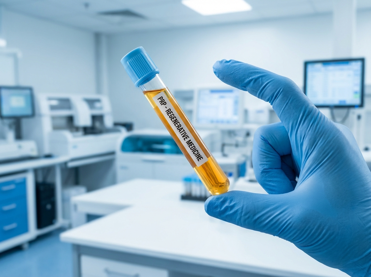 Test tube containing platelet-rich plasma (PRP) therapy sample in modern medical laboratory setting