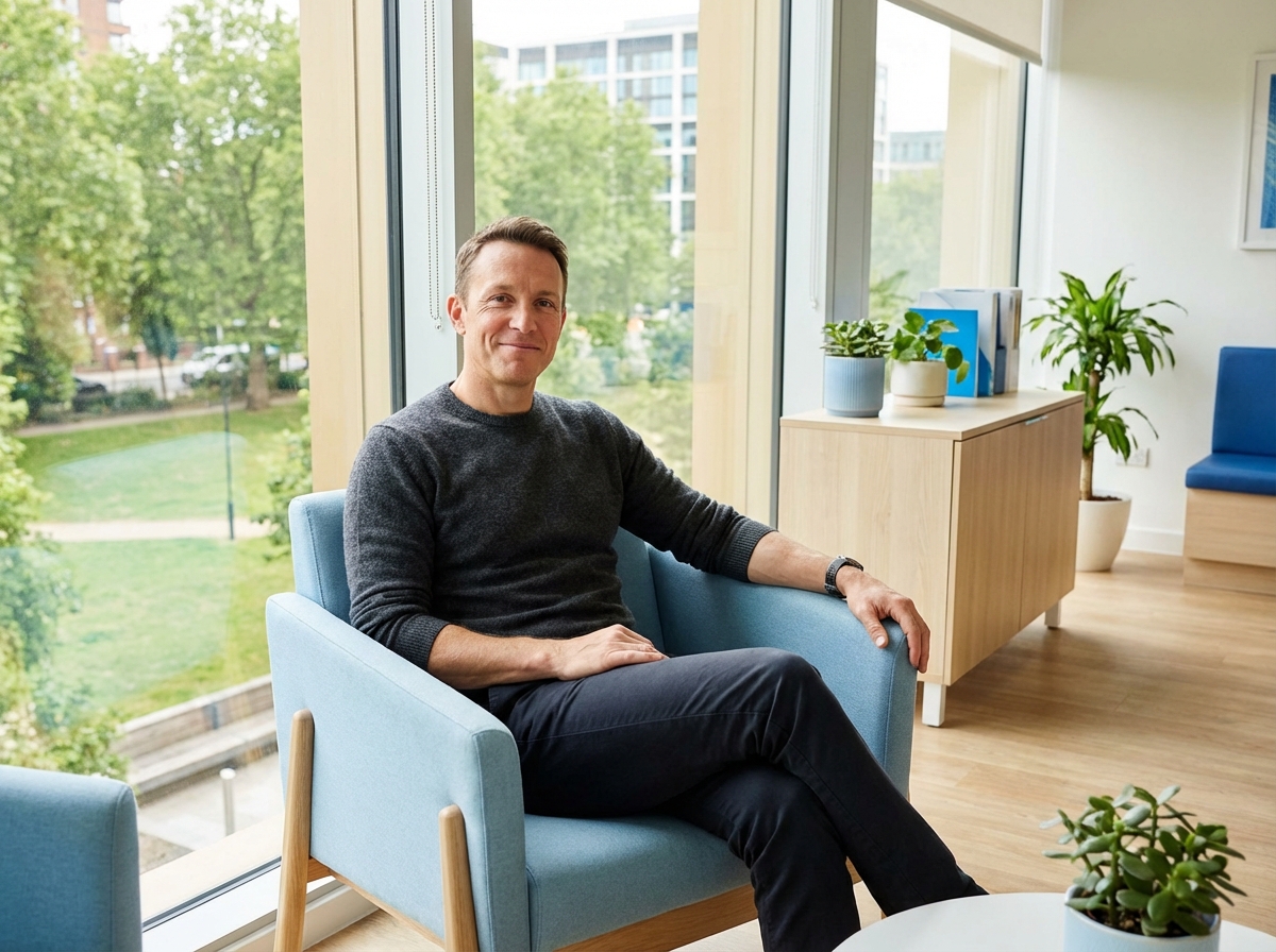 Patient in modern clinic showing confidence after PRP therapy for tennis elbow treatment consultation