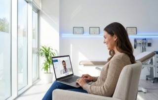 Patient participating in virtual consultation regenerative medicine evaluation from modern medical office