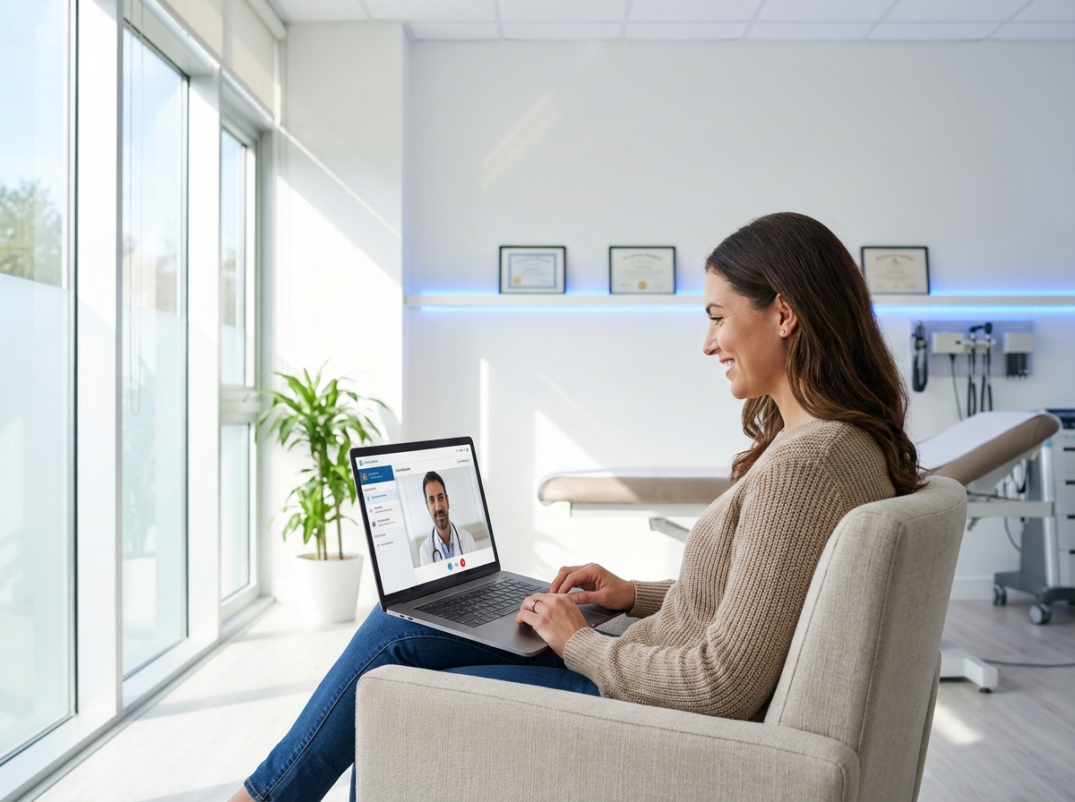 Patient participating in virtual consultation regenerative medicine evaluation from modern medical office