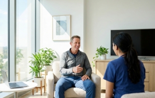 Patient consulting with doctor about meniscus tear treatment without surgery in modern medical office