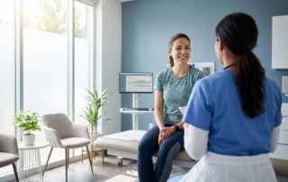 Patient consulting with doctor about ankle sprain regenerative treatment in modern clinic