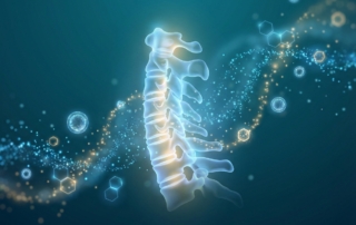 Stylized illustration of cervical spine with glowing cellular particles representing neck pain cellular therapy and regenerative healing.