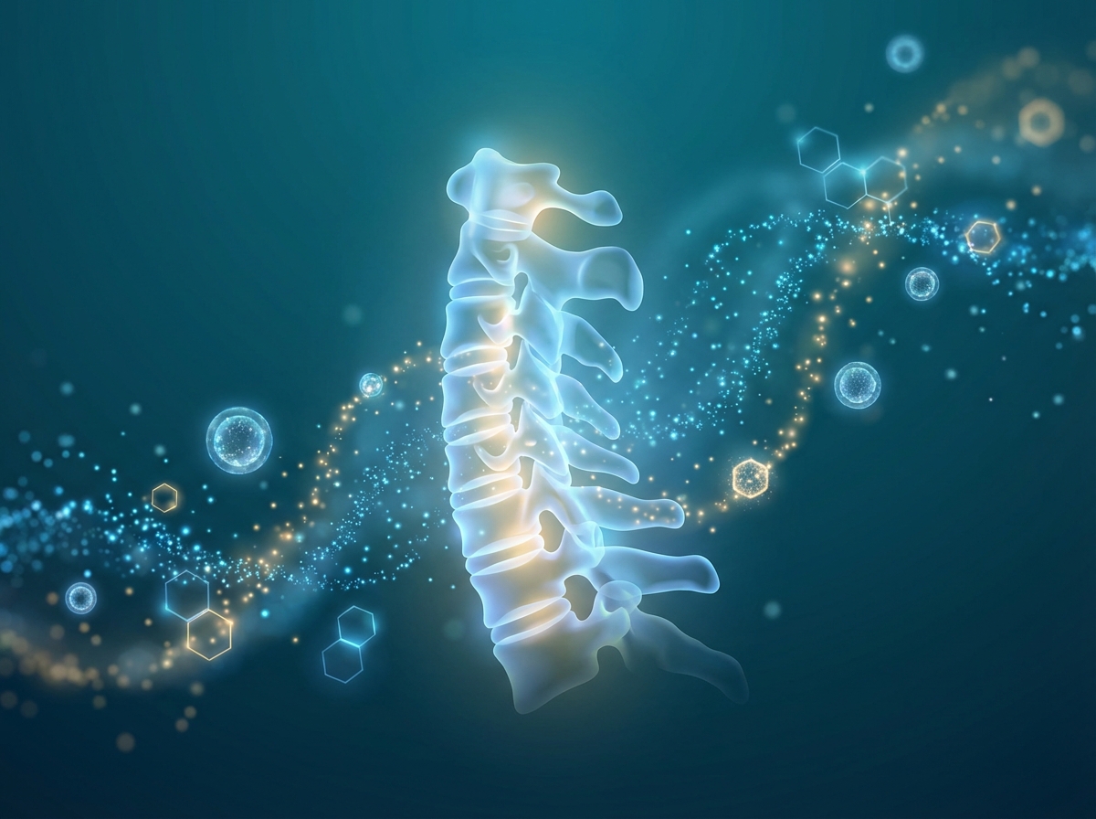 Stylized illustration of cervical spine with glowing cellular particles representing neck pain cellular therapy and regenerative healing.