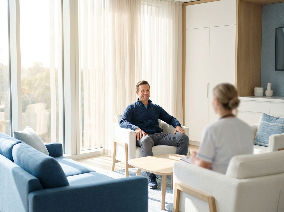 Patient consultation for ACL tear treatment without surgery in modern medical office