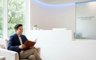 Prepared patient with documents at a modern stem cell therapy Austin clinic consultation desk
