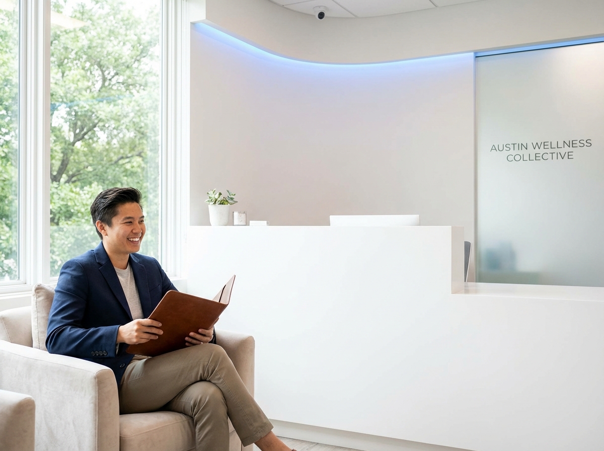 Prepared patient with documents at a modern stem cell therapy Austin clinic consultation desk