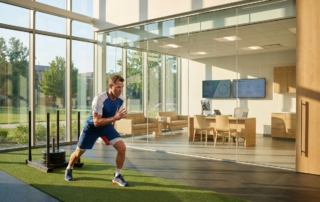 Confident athlete in modern sports medicine regenerative treatment facility looking healthy and determined