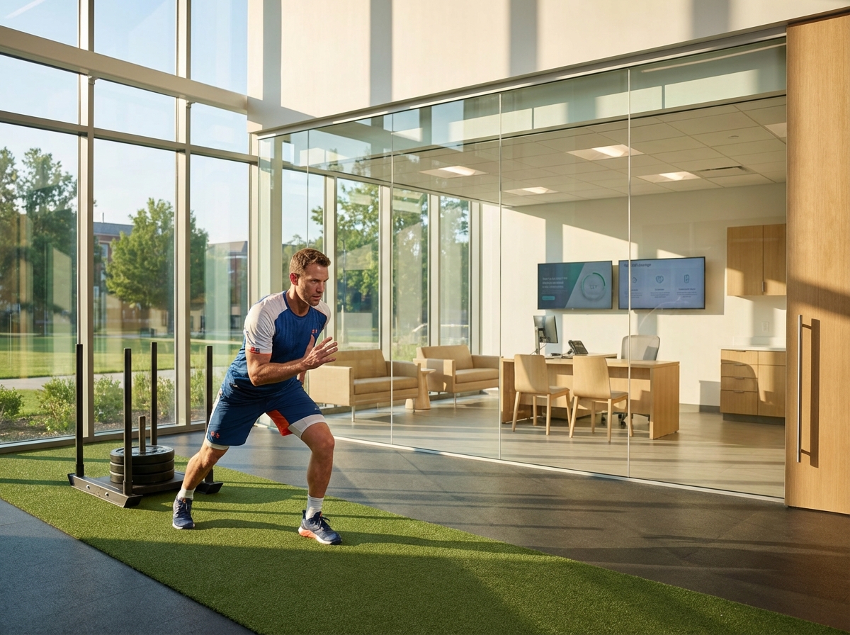 Confident athlete in modern sports medicine regenerative treatment facility looking healthy and determined