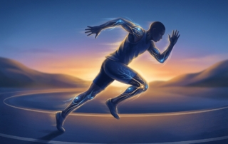Athlete running confidently at golden hour with glowing cellular energy patterns, representing sports injury regenerative medicine recovery