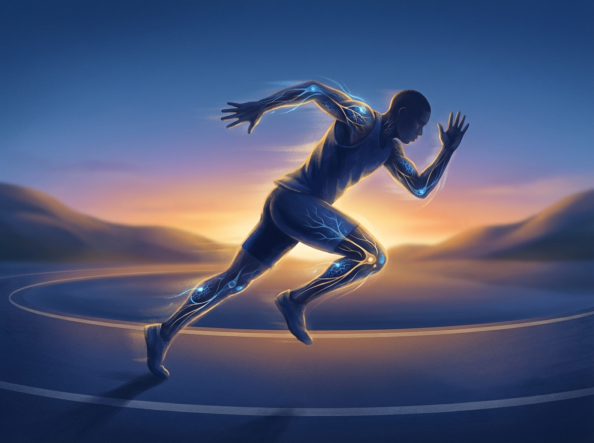 Athlete running confidently at golden hour with glowing cellular energy patterns, representing sports injury regenerative medicine recovery