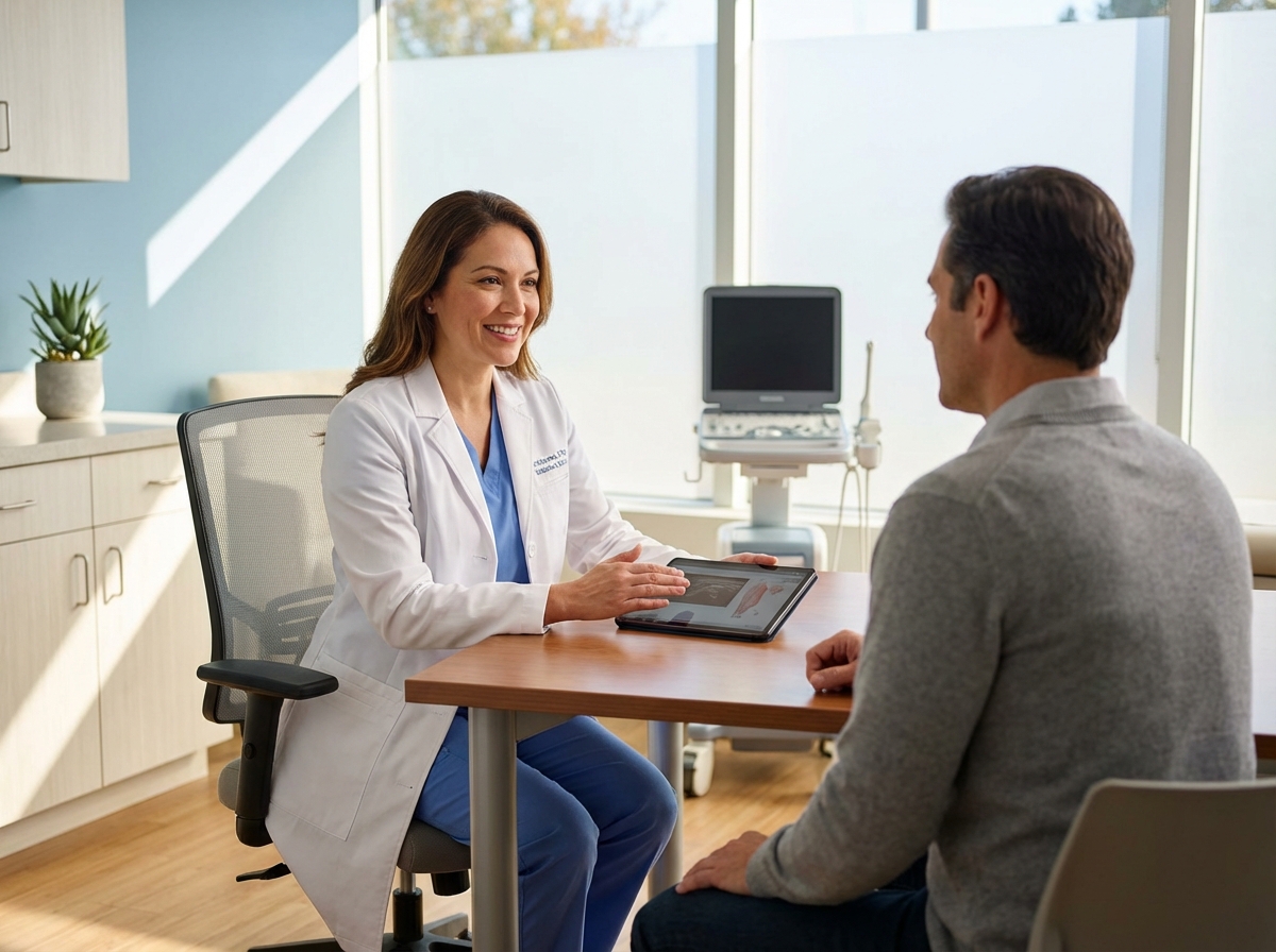 Healthcare provider consulting with patient in modern clinic offering image guided joint injection services