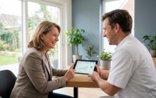 Patient consulting with doctor about shoulder pain treatment without surgery in modern clinic