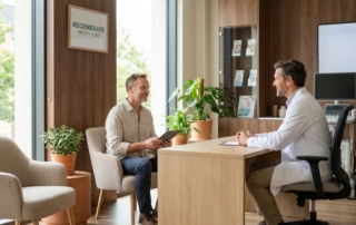 Calm patient in modern medical consultation room preparing for bone marrow concentrate injection procedure