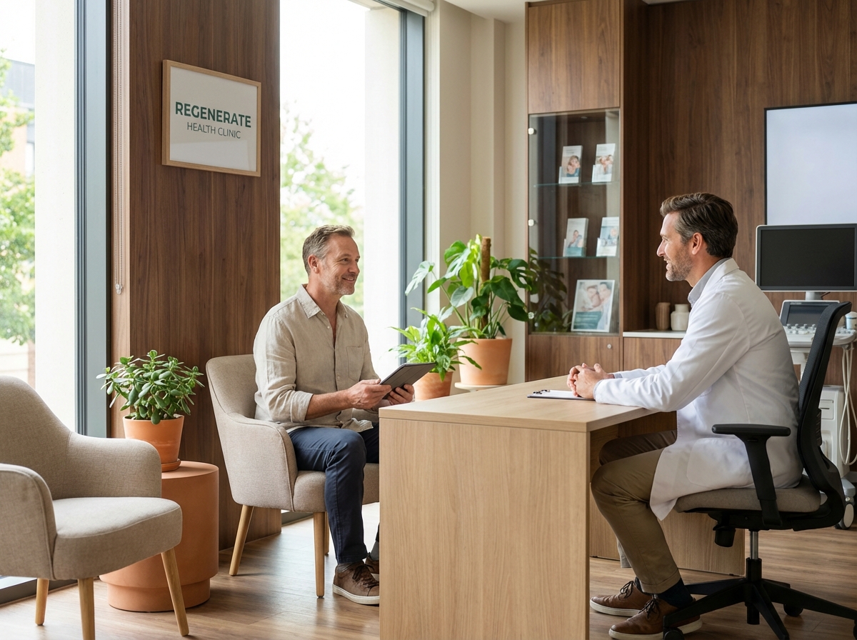 Calm patient in modern medical consultation room preparing for bone marrow concentrate injection procedure
