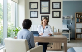 Board-certified stem cell doctor consulting with patient in professional medical office