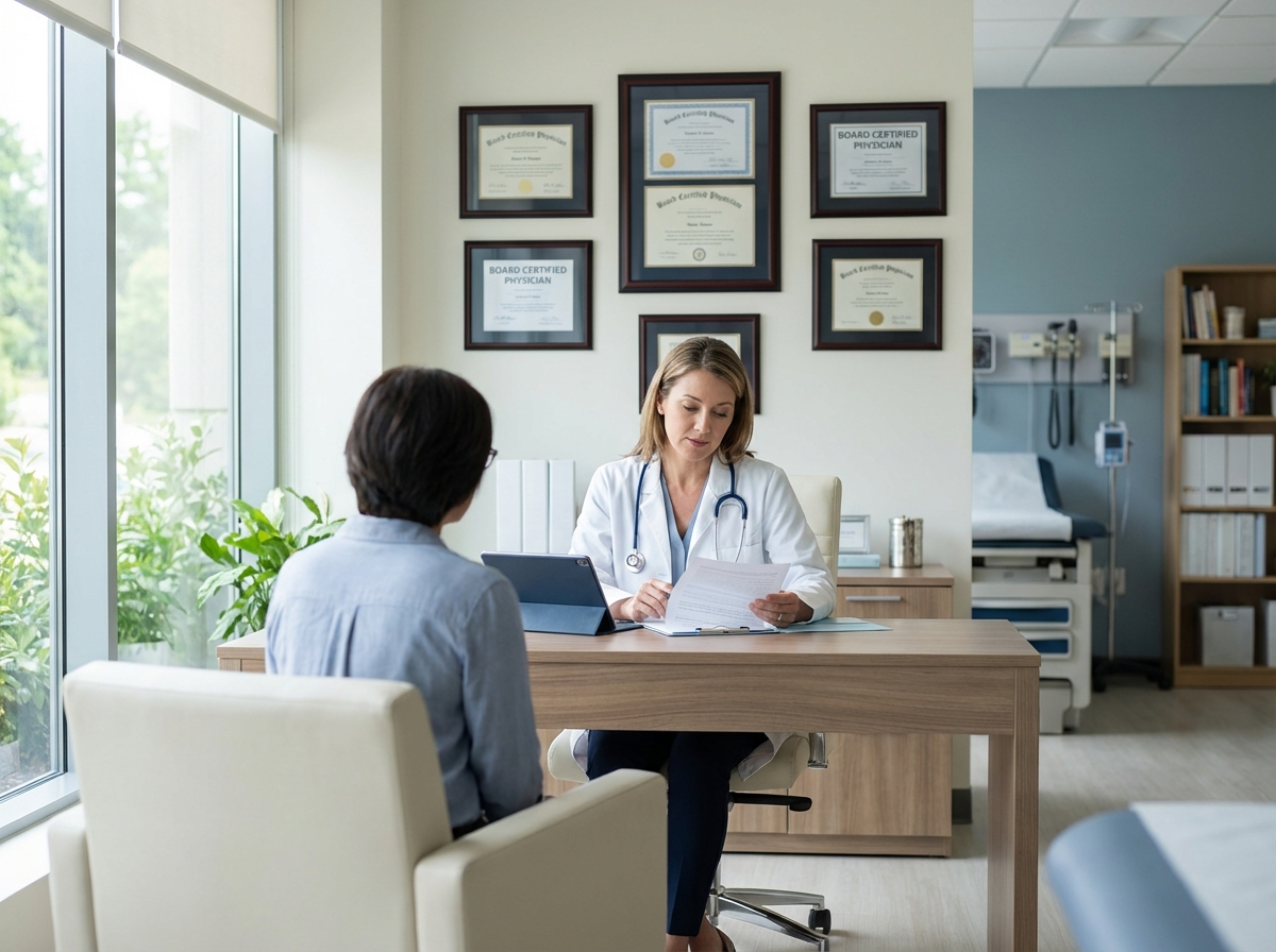Board-certified stem cell doctor consulting with patient in professional medical office