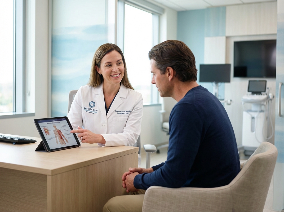 Professional consultation about BMAC injection in modern regenerative medicine clinic