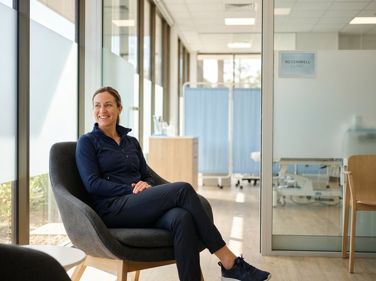 Patient consulting about peptide injection for joint healing in modern regenerative medicine facility